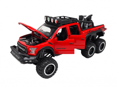 Masina metalica, cu sunete si lumini, usi mobile, capota mobila, jeep, tip Ford Raptor, cu motocicleta detasabila, Scara 1:28, 21cm, Rosu [7]