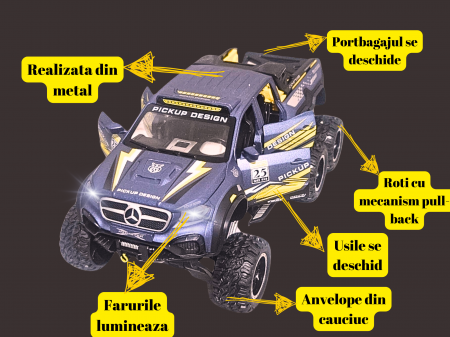 Masina Metalica de teren tip Mercedes Pick-Up, cu Sunete si Lumini, Usile, capota si portbagajul se deschid, 6 roti, Functie Pull-back, 20, 5cm, Albastru [1]