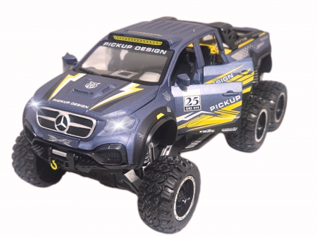 Masini metalice 21-25cm - Masina Metalica de teren tip Mercedes Pick-Up, cu Sunete si Lumini, Usile, capota si portbagajul se deschid, 6 roti, Functie Pull-back, 20, 5cm, Albastru
