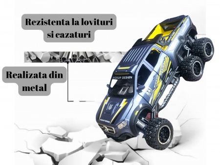 Masina Metalica de teren tip Mercedes Pick-Up, cu Sunete si Lumini, Usile, capota si portbagajul se deschid, 6 roti, Functie Pull-back, 20, 5cm, Albastru [3]