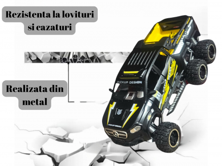 Masina Metalica de teren tip Mercedes Pick-Up, cu Sunete si Lumini, Usile, capota si portbagajul se deschid, 6 roti, Functie Pull-back, 20, 5cm, Negru [3]