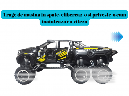 Masina Metalica de teren tip Mercedes Pick-Up, cu Sunete si Lumini, Usile, capota si portbagajul se deschid, 6 roti, Functie Pull-back, 20, 5cm, Negru [2]