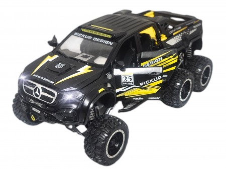 Masini metalice 21-25cm - Masina Metalica de teren tip Mercedes Pick-Up, cu Sunete si Lumini, Usile, capota si portbagajul se deschid, 6 roti, Functie Pull-back, 20, 5cm, Negru