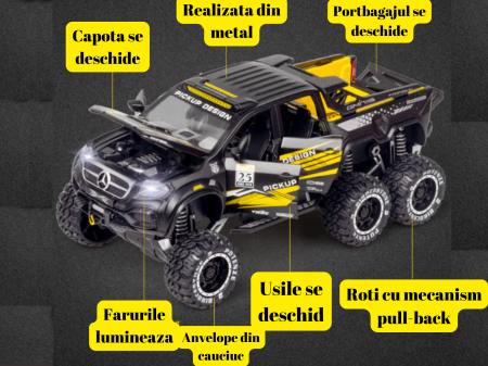 Masina Metalica de teren tip Mercedes Pick-Up, cu Sunete si Lumini, Usile, capota si portbagajul se deschid, 6 roti, Functie Pull-back, 20, 5cm, Negru [1]