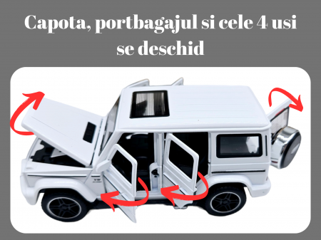 Masina metalica jeep Mercedes G Class cu rulota, Usile, capota si portbagajul se deschid, Sunete si lumini, 34 cm, Alb, Scara 1:32, Replica [2]