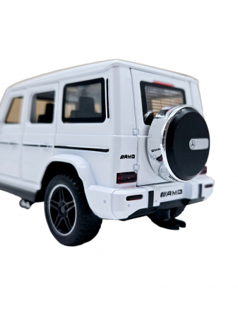 Masina metalica jeep Mercedes G Class cu rulota, Usile, capota si portbagajul se deschid, Sunete si lumini, 34 cm, Alb, Scara 1:32, Replica [13]