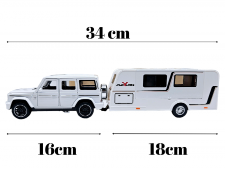 Masina metalica jeep Mercedes G Class cu rulota, Usile, capota si portbagajul se deschid, Sunete si lumini, 34 cm, Alb, Scara 1:32, Replica [1]
