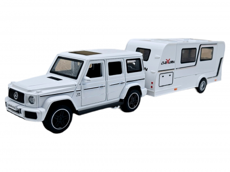 Masina metalica jeep Mercedes G Class cu rulota, Usile, capota si portbagajul se deschid, Sunete si lumini, 34 cm, Alb, Scara 1:32, Replica [10]