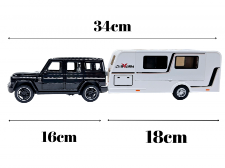 Masina metalica jeep Mercedes G Class cu rulota, Usile, capota si portbagajul se deschid, Sunete si lumini, 34 cm, Negru, Scara 1:32, Replica [1]