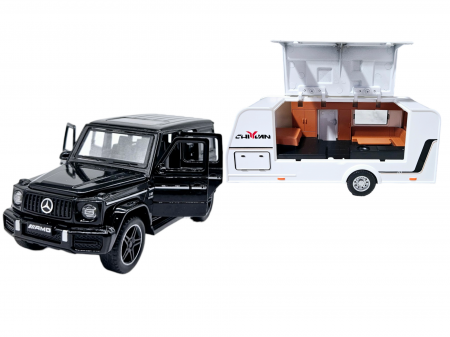 Masini metalice 21-25cm - Masina metalica jeep Mercedes G Class cu rulota, Usile, capota si portbagajul se deschid, Sunete si lumini, 34 cm, Negru, Scara 1:32, Replica