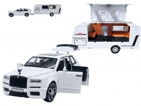 Masini metalice 21-25cm - Masina metalica jeep tip Rolls Royce cu rulota, Usile, capota si portbagajul se deschid, Sunete si lumini, 34 cm, Alb, Scara 1:32