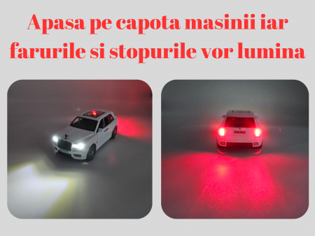 Masina metalica jeep tip Rolls Royce cu rulota, Usile, capota si portbagajul se deschid, Sunete si lumini, 34 cm, Alb, Scara 1:32 [3]