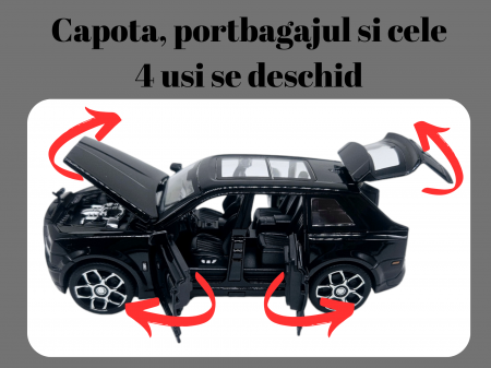 Masina metalica jeep tip Rolls Royce cu rulota, Usile, capota si portbagajul se deschid, Sunete si lumini, 34 cm, Negru, Scara 1:32 [2]