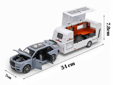 Masina metalica jeep tip Rolls Royce cu rulota, Usile, capota si portbagajul se deschid, Sunete si lumini, 34 cm, GRI, Scara 1:32 [4]