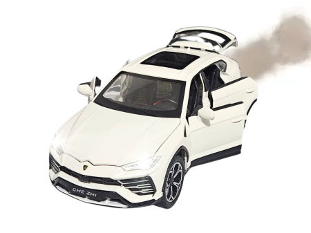 Masini metalice 21-25cm - Masina metalica Lamborghini Urus, efecte fum, Sunete realistice, Farurile si stopurile lumineaza, Capota, portbagajul si cele 4 usi se deschid, Baterii incluse, 21cm, Alb, Replica