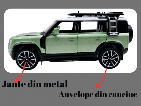 Masina metalica Land Rover Defender cu accesorii, Sunete realistice, Farurile si stopurile lumineaza, Usile, capota si portbagajul se deschid, Baterii incluse, 16cm, Verde, Scara 1:32, Replica [1]