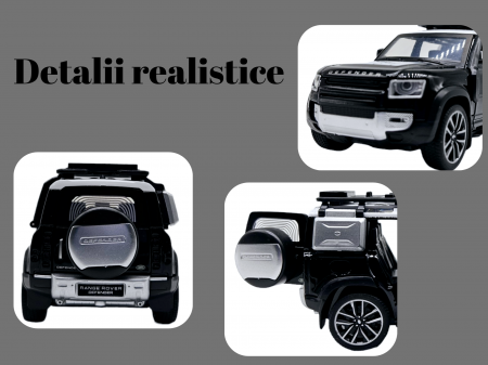 Masina metalica Land Rover Defender cu accesorii, Sunete realistice, Farurile si stopurile lumineaza, Usile, capota si portbagajul se deschid, Baterii incluse, 16cm, Negru, Scara 1:32, Replica [1]
