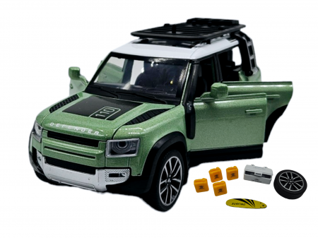 Masini metal 15-16cm - Masina metalica Land Rover Defender cu accesorii, Sunete realistice, Farurile si stopurile lumineaza, Usile, capota si portbagajul se deschid, Baterii incluse, 16cm, Verde, Scara 1:32, Replica