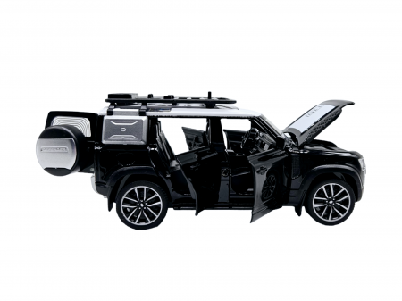 Masina metalica Land Rover Defender cu accesorii, Sunete realistice, Farurile si stopurile lumineaza, Usile, capota si portbagajul se deschid, Baterii incluse, 16cm, Negru, Scara 1:32, Replica [6]
