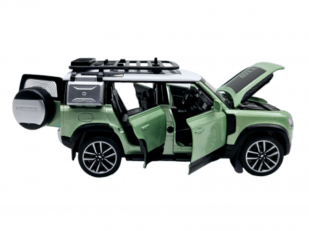 Masina metalica Land Rover Defender cu accesorii, Sunete realistice, Farurile si stopurile lumineaza, Usile, capota si portbagajul se deschid, Baterii incluse, 16cm, Verde, Scara 1:32, Replica [4]