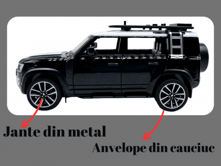 Masina metalica Land Rover Defender cu accesorii, Sunete realistice, Farurile si stopurile lumineaza, Usile, capota si portbagajul se deschid, Baterii incluse, 16cm, Negru, Scara 1:32, Replica [2]