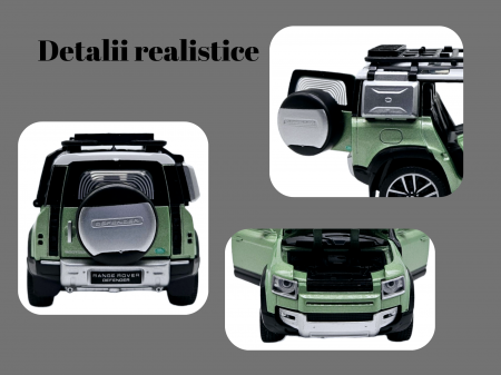 Masina metalica Land Rover Defender cu accesorii, Sunete realistice, Farurile si stopurile lumineaza, Usile, capota si portbagajul se deschid, Baterii incluse, 16cm, Verde, Scara 1:32, Replica [3]
