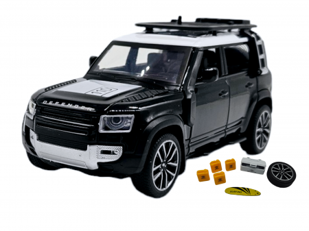 Masini metal 15-16cm - Masina metalica Land Rover Defender cu accesorii, Sunete realistice, Farurile si stopurile lumineaza, Usile, capota si portbagajul se deschid, Baterii incluse, 16cm, Negru, Scara 1:32, Replica