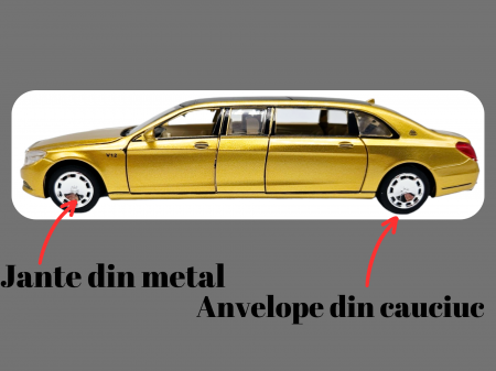 Masina metalica limuzina Mercedes S650 Maybach, 3 sunete, farurile si stopurile lumineaza, usile, capota si portbagaj se deschid, Baterii incluse, 20cm, Auriu, Replica [3]
