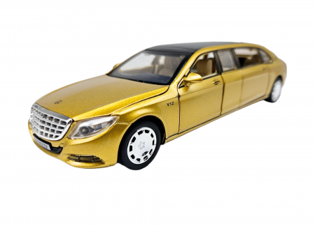 Masina metalica limuzina Mercedes S650 Maybach, 3 sunete, farurile si stopurile lumineaza, usile, capota si portbagaj se deschid, Baterii incluse, 20cm, Auriu, Replica [7]