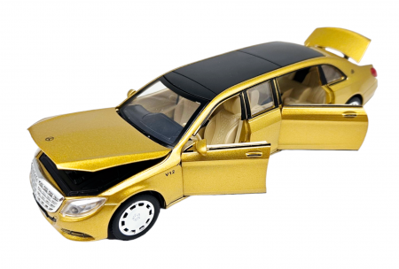 Masini metalice 21-25cm - Masina metalica limuzina Mercedes S650 Maybach, 3 sunete, farurile si stopurile lumineaza, usile, capota si portbagaj se deschid, Baterii incluse, 20cm, Auriu, Replica