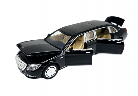 Masini metalice 21-25cm - Masina metalica limuzina Mercedes S650 Maybach, 3 sunete, farurile si stopurile lumineaza, usile, capota si portbagaj se deschid, Baterii incluse, 20cm, Negru, Replica