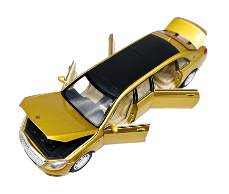 Masina metalica limuzina Mercedes S650 Maybach, 3 sunete, farurile si stopurile lumineaza, usile, capota si portbagaj se deschid, Baterii incluse, 20cm, Auriu, Replica [4]