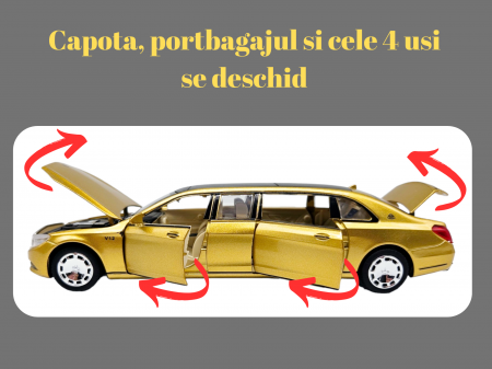 Masina metalica limuzina Mercedes S650 Maybach, 3 sunete, farurile si stopurile lumineaza, usile, capota si portbagaj se deschid, Baterii incluse, 20cm, Auriu, Replica [1]