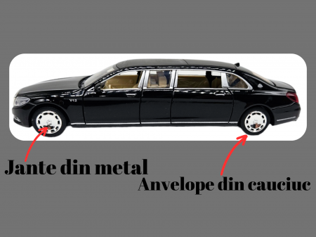 Masina metalica limuzina Mercedes S650 Maybach, 3 sunete, farurile si stopurile lumineaza, usile, capota si portbagaj se deschid, Baterii incluse, 20cm, Negru, Replica [5]
