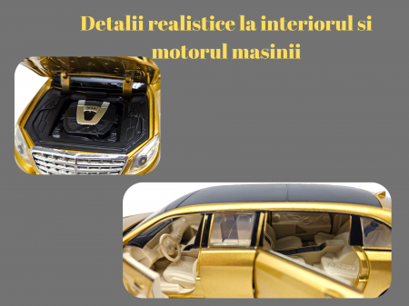 Masina metalica limuzina Mercedes S650 Maybach, 3 sunete, farurile si stopurile lumineaza, usile, capota si portbagaj se deschid, Baterii incluse, 20cm, Auriu, Replica [2]