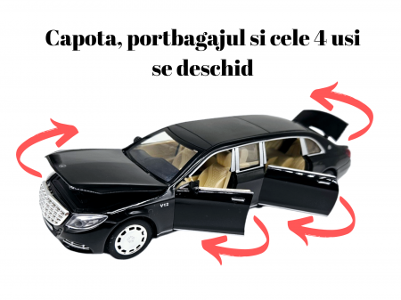 Masina metalica limuzina Mercedes S650 Maybach, 3 sunete, farurile si stopurile lumineaza, usile, capota si portbagaj se deschid, Baterii incluse, 20cm, Negru, Replica [1]