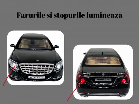 Masina metalica limuzina Mercedes S650 Maybach, 3 sunete, farurile si stopurile lumineaza, usile, capota si portbagaj se deschid, Baterii incluse, 20cm, Negru, Replica [4]