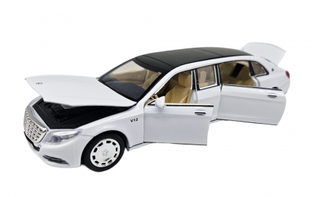 Masini metalice 21-25cm - Masina metalica limuzina Mercedes S650 Maybach, 3 sunete, farurile si stopurile lumineaza, usile, capota si portbagaj se deschid, Baterii incluse, 20cm, Alb, Replica