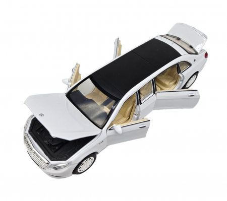 Masina metalica limuzina Mercedes S650 Maybach, 3 sunete, farurile si stopurile lumineaza, usile, capota si portbagaj se deschid, Baterii incluse, 20cm, Alb, Replica [6]