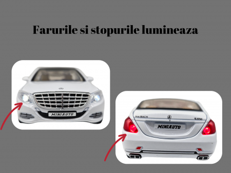 Masina metalica limuzina Mercedes S650 Maybach, 3 sunete, farurile si stopurile lumineaza, usile, capota si portbagaj se deschid, Baterii incluse, 20cm, Alb, Replica [3]