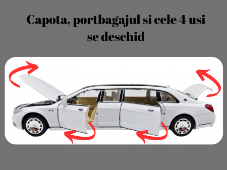 Masina metalica limuzina Mercedes S650 Maybach, 3 sunete, farurile si stopurile lumineaza, usile, capota si portbagaj se deschid, Baterii incluse, 20cm, Alb, Replica [1]