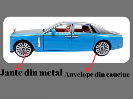 Masina metalica limuzina Rolls Royce Phantom, 3 sunete realistice, Farurile si stopurile lumineaza, Usile, capota si portbagajul se deschid, Baterii incluse, 18cm, Albastru deschis, Scara 1:32, Replic [3]