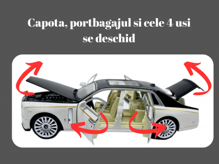 Masina metalica limuzina Rolls Royce Phantom, 3 sunete realistice, Farurile si stopurile lumineaza, Usile, capota si portbagajul se deschid, Baterii incluse, 18cm, Alb, Scara 1:32, Replica [1]