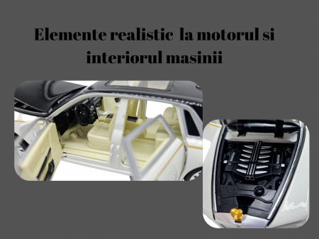 Masina metalica limuzina Rolls Royce Phantom, 3 sunete realistice, Farurile si stopurile lumineaza, Usile, capota si portbagajul se deschid, Baterii incluse, 18cm, Alb, Scara 1:32, Replica [2]
