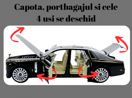 Masina metalica limuzina Rolls Royce Phantom, 3 sunete realistice, Farurile si stopurile lumineaza, Usile, capota si portbagajul se deschid, Baterii incluse, 18cm, Negru, Scara 1:32, Replica [1]