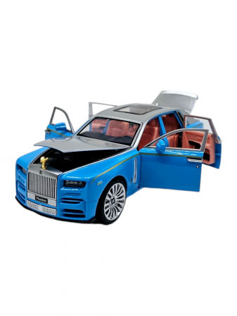 Masini metalice 18-19cm - Masina metalica limuzina Rolls Royce Phantom, 3 sunete realistice, Farurile si stopurile lumineaza, Usile, capota si portbagajul se deschid, Baterii incluse, 18cm, Albastru deschis, Scara 1:32, Replic