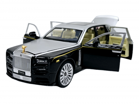 Masini metalice 18-19cm - Masina metalica limuzina Rolls Royce Phantom, 3 sunete realistice, Farurile si stopurile lumineaza, Usile, capota si portbagajul se deschid, Baterii incluse, 18cm, Negru, Scara 1:32, Replica