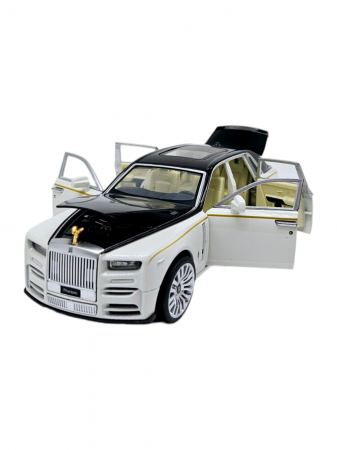 Masini metalice 18-19cm - Masina metalica limuzina Rolls Royce Phantom, 3 sunete realistice, Farurile si stopurile lumineaza, Usile, capota si portbagajul se deschid, Baterii incluse, 18cm, Alb, Scara 1:32, Replica