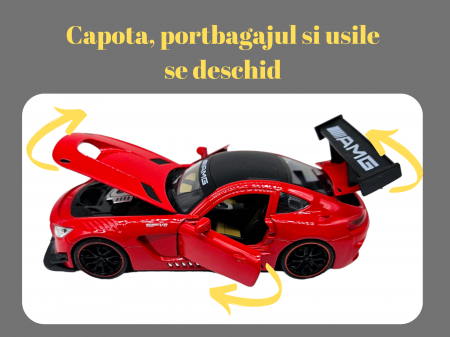 Masina metalica Mercedes AMG GT-R, cu sunete realistice, farurile si stopurile lumineaza, usile, capota si portbagaj se deschid, baterii incluse, 20cm, Rosu, Replica [1]