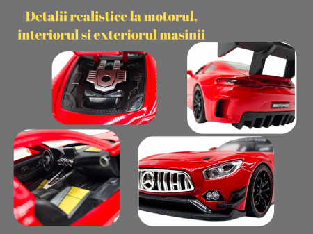 Masina metalica Mercedes AMG GT-R, cu sunete realistice, farurile si stopurile lumineaza, usile, capota si portbagaj se deschid, baterii incluse, 20cm, Rosu, Replica [2]